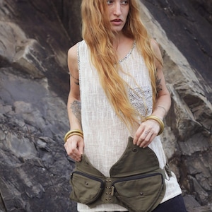 Green Leaf Hip Bag | Canvas Utility Belt | Festival Fanny Pack | Boho Pocket Belt | Psytrance Waist Bag