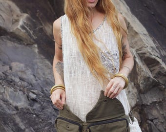 Green Leaf Hip Bag | Canvas Utility Belt | Festival Fanny Pack | Boho Pocket Belt | Psytrance Waist Bag
