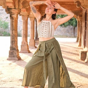 Olive Green Boho Pants-Men’s & Women’s Fisherman Wrap Pants with Slits, Loose Fit Cotton Pants, Boho Clothing, Rajasthani Hand Block