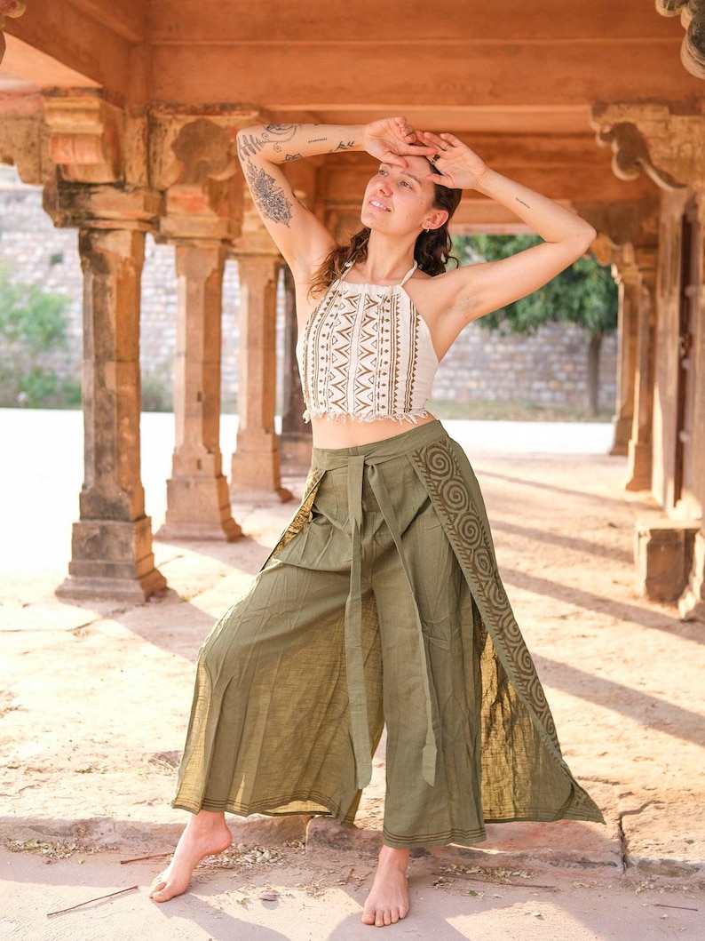 Olive Green Boho Pants-Men’s & Women’s Fisherman Wrap Pants with Slits, Loose Fit Cotton Pants, Boho Clothing, Rajasthani Hand Block
