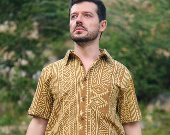 Hari Tribal Handblock Cotton Shirt, Men's Boho, Festival Shirt, Ethnic Top, Hippie Clothing