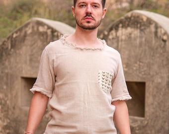 Handmade Raw Hem Cotton T-Shirt, Boho Fringe, Tribal Beige Tee