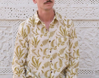 Camisa bohemia de algodón para hombre, estampado a mano, estilo hippie festivalero, con botones, regalo para él.