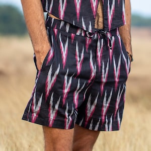 Ikat Shorts ,Handmade Ikat Shorts for Men in Black and Magenta, Cotton Drawstring Shorts, Boho Festival Outfit, Ethnic Summer Beachwear