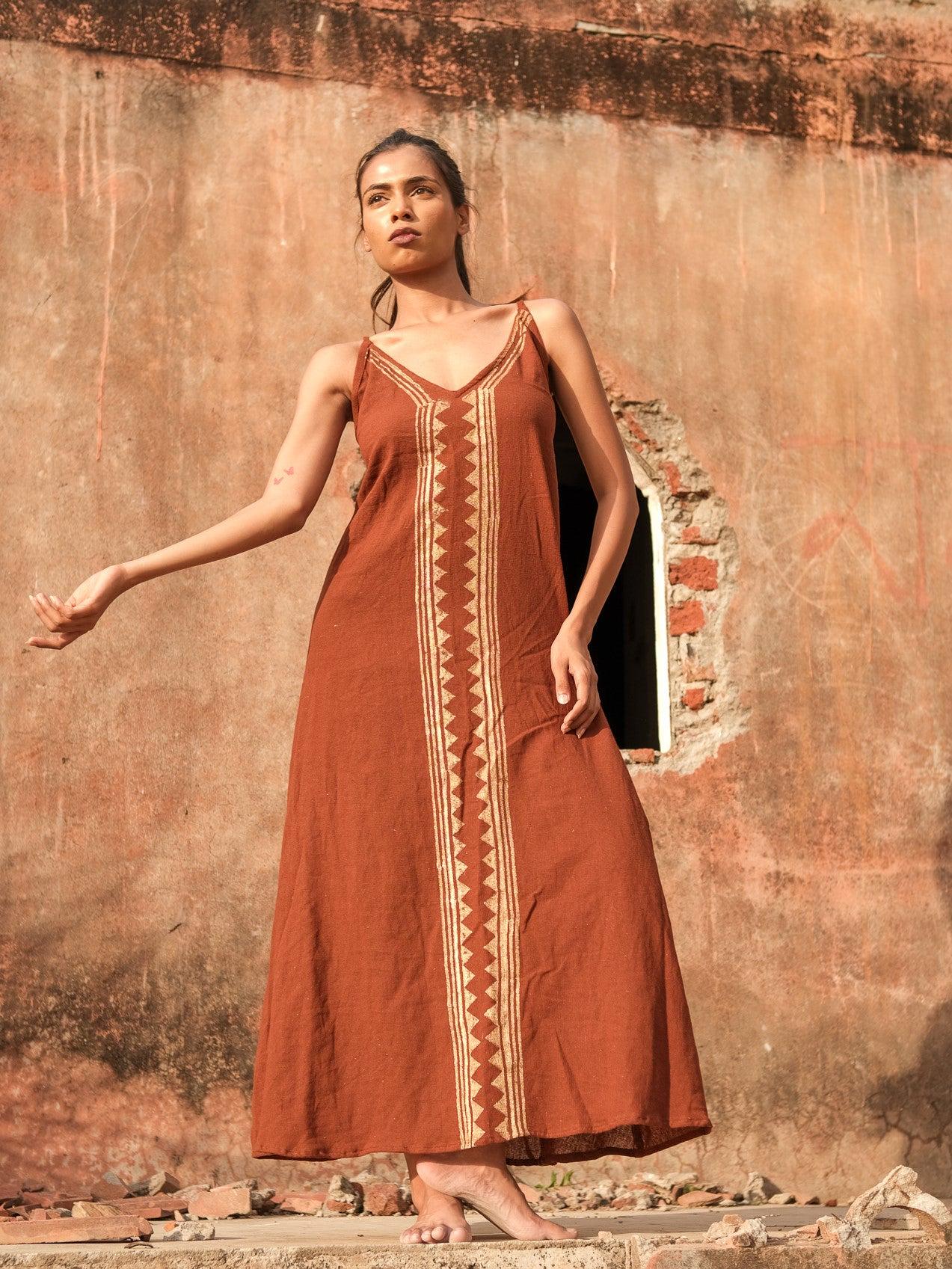 Bohemian Brown Maxi Dress: Ethnic Handblock Print Sleeveless Sundress