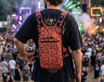 Eye Print Festival Backpack | Orange Boho Travel Bag (Cotton Fabric)