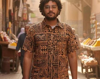 Men's Boho Tribal Cotton Shirt, Geometric Print Summer Festival Top