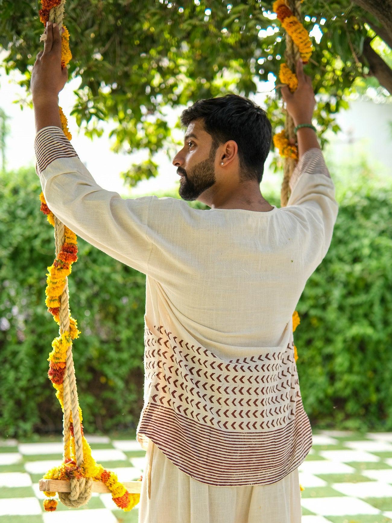 Kurta Coton Solide Atasi - Chemise Longue Traditionnelle Indienne Homme