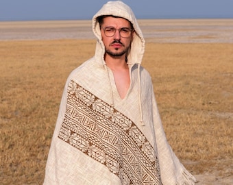 Cream Hooded Poncho | Tribal Embroidery Cape | Men's Festival Hoodie | Open Side Tunic | The Nomad Hoodie