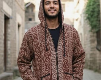 Chaqueta con capucha tribal para hombre / Chaqueta con capucha y cremallera de mezcla de lana / Abrigo de invierno étnico geométrico / Prendas de abrigo hechas a mano en Jaipur / Regalo para él