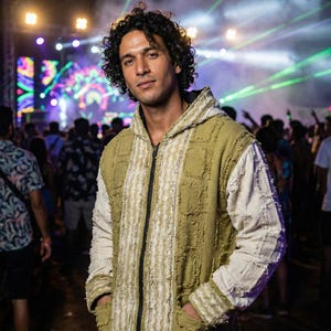 Puede incluir: Chaqueta con capucha y cremallera con un diseño texturizado en verde oliva y crema. La chaqueta tiene un patrón de rayas verticales en el centro y mangas color crema. La persona está en una multitud en un evento nocturno.