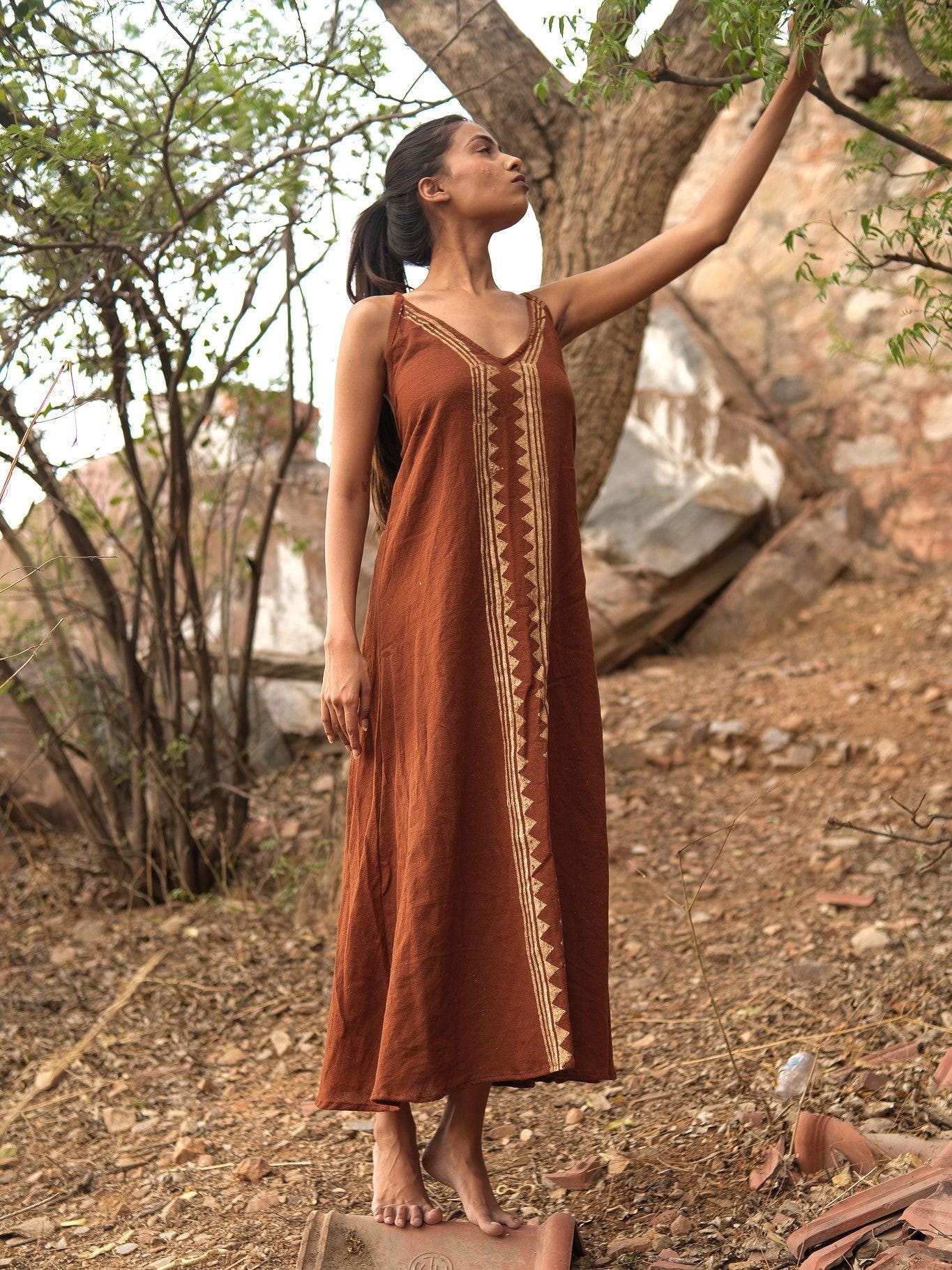 Bohemian Brown Maxi Dress: Ethnic Handblock Print Sleeveless Sundress
