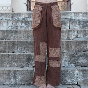Brown Wide Leg Trousers Elastic Waist - Rustic Patch Pant