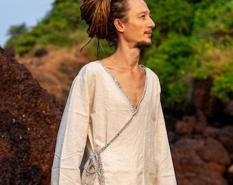 Earth Tone Cotton Kimono Shirt | Men's Boho Wrap Tunic