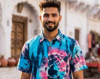 Handmade Tie Dye Men's Cotton Shirt: Boho Beachwear