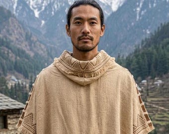 Unisex Boho Poncho, High Funnel Neck Cape, Textured Woven Festival Wear - Kailash Loom Poncho