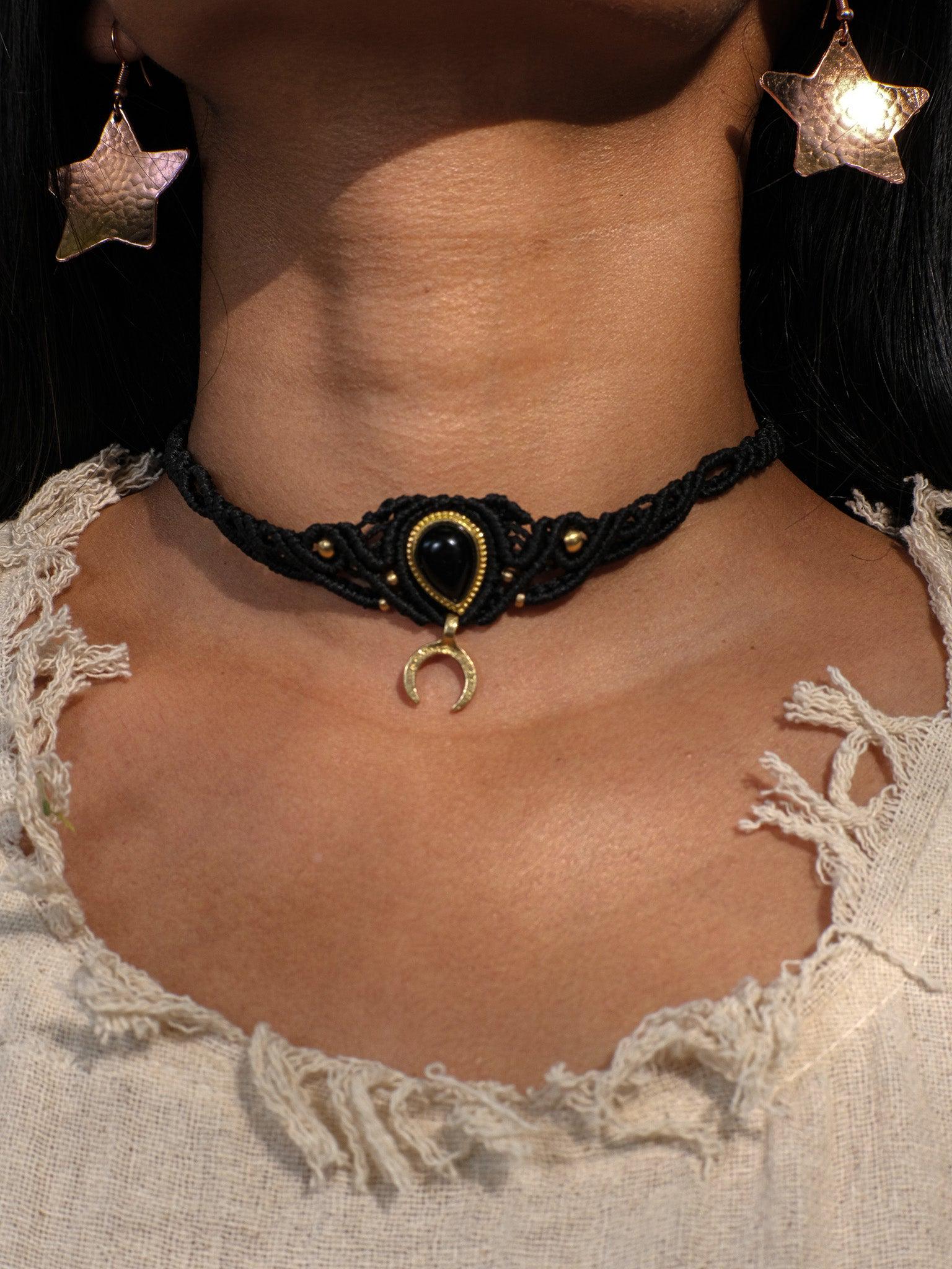 Macrame Choker: Black Onyx Gemstone, Moon Pendant - Etsy