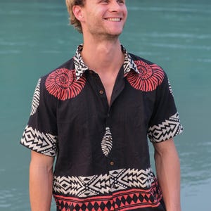 ブラック トライバル シェルシャツ | メンズ ジオメトリック コットン トップス | アブストラクトプリント ボタンアップ | ボヘミアン フェスティバル シャツ | シェルシャツ