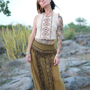 Cream Handblock Print Panel Fringe Detail High Waist Festival Skirt - Aira Skirt