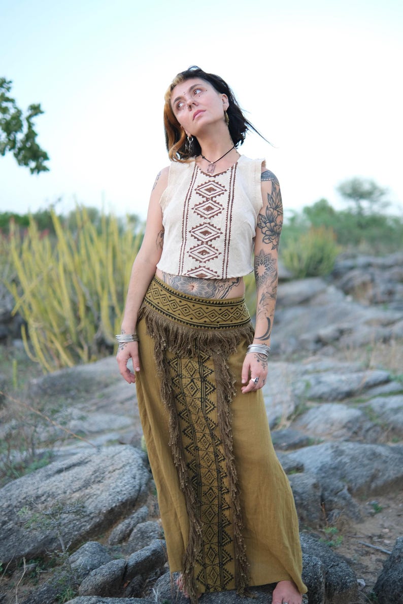 Cream Handblock Print Panel Fringe Detail High Waist Festival Skirt - Aira Skirt