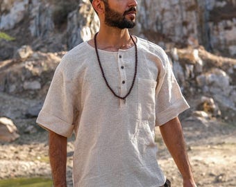 Men's Boho Cotton Henley Shirt, Short Sleeve Yoga Top