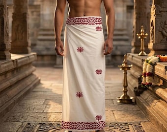 Cotton Dhoti for Men, Ivory Blue Lotus Print, Traditional Indian Wear
