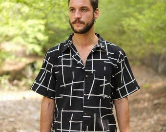 Men's Handmade Cotton Short Sleeve Shirt, Black Geometric Boho Festival Shirt