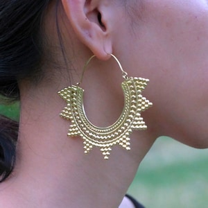 Solar Earrings ,tribal gold hoop earrings for women, ethnic boho statement earrings ,sunburst design, bold geometric festival jewelry