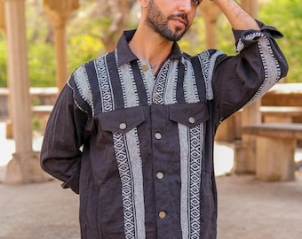 Mens Boho Cotton Jacket | Handmade Ethnic Tribal Coat | Woven Hippie Button Up Shacket | Jaipur Outerwear
