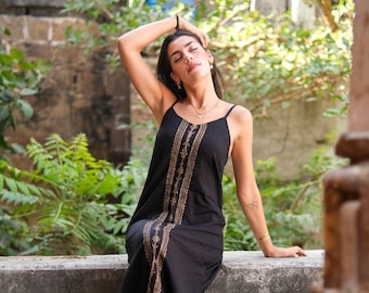 Kanira Black Cotton Maxi Dress, Boho Festival Resort Wear, Hippie Beach Outfit