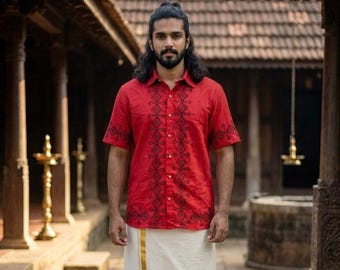 Men's Red Cotton Shirt, Geometric Block Print, Boho Ethnic Resort Wear