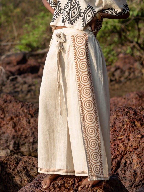 Olive Green Cotton Fisherman Wrap Pants, Rajasthani Hand Block Print, Boho Clothing