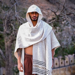 Swarupa Poncho - Handwoven Hooded Poncho for Men in Natural Cotton | Tribal Ethnic Boho Shawl Cloak | Festival Cape