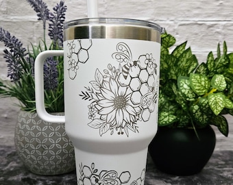 Honeybee and Sunflower 360 wrap on Yeti 35 oz with handle and straw lid