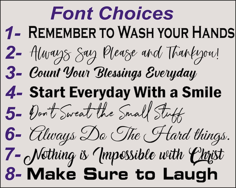 May include: A list of eight inspirational quotes in different fonts. The quotes are: "Remember to wash your hands", "Always say please and thank you!", "Count your blessings everyday", "Start everyday with a smile", "Don't sweat the small stuff", "Always do the hard things.", "Nothing is impossible with Christ", and "Make sure to laugh".