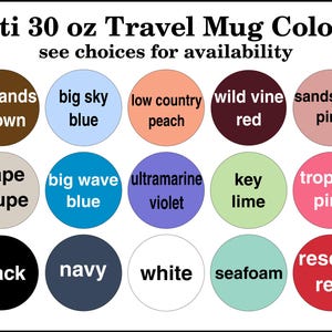 May include: A chart showing 18 different color options for a 30 ounce Yeti travel mug. The colors include: wetlands brown, big sky blue, low country peach, wild vine red, sandstone pink, cape taupe, big wave blue, ultramarine violet, key lime, tropical pink, black, navy, white, seafoam, and rescue red.