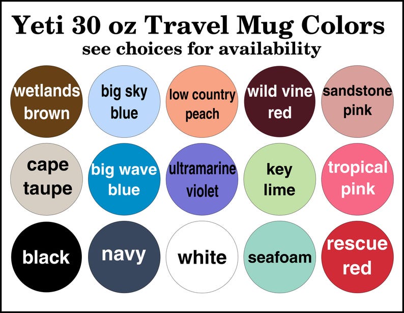 May include: A chart showing 18 different color options for a 30 ounce Yeti travel mug. The colors include: wetlands brown, big sky blue, low country peach, wild vine red, sandstone pink, cape taupe, big wave blue, ultramarine violet, key lime, tropical pink, black, navy, white, seafoam, and rescue red.