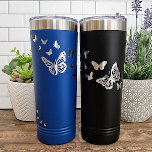 Skinny Tumbler Butterflies in Flight 360 Wrap Engraving,  Engraved Tumbler, Personalized tumbler, Butterfly lover gift