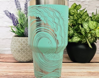 Giant Ocean Wave 360 wrap engraved on 35 oz Yeti with straw and handle