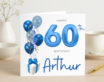 60th Birthday Card For Him, Blue Balloon Age 60, 60th Gift For Dad, Husband, Brother, Uncle, Grandad, Son, Nephew
