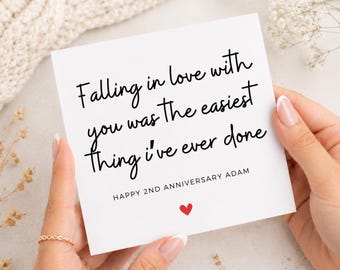 2nd Anniversary Card for Husband or Wife, 2 Year Wedding, Falling in Love With You, 2nd Anniversary Gift