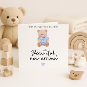 Tarjeta de "Es un niño", osito de peluche azul, felicitaciones para un niño, hermosa tarjeta para recién nacido, regalo para un niño recién nacido
