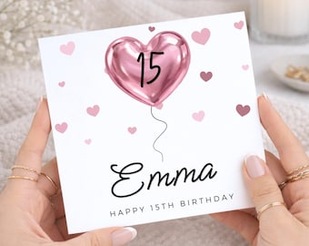 15th Birthday Card, Pink Heart Balloon Card For Teen Girl, Daughter, Granddaughter, Niece, Sister, Friend, 15 Year Old Birthday Gift