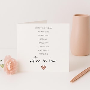 Carte d'anniversaire belle-soeur, carte belle-soeur forte et gentille, beau message pour son anniversaire, design minimaliste, coeur en or rose
