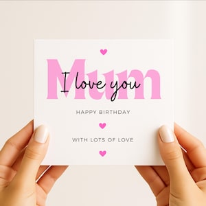 Verjaardagskaart mama ik hou van je | Schattige roze hartkaart voor moeder | Met veel liefde | Lieve verjaardagskaart van dochter of zoon