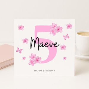Personalised 5th Birthday Card For Girl – Custom Name Age 5 Card With Pink Flowers For Daughter, Granddaughter, Niece Or Goddaughter