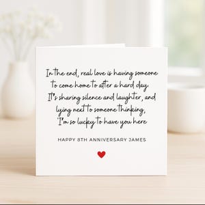 Al final, el verdadero amor es tener a alguien que regrese a casa, tarjeta del octavo aniversario, tarjeta de aniversario de bodas de bronce, tarjeta romántica para esposo y esposa.