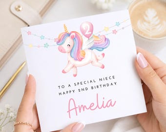 Personalised 2nd Birthday Card for Niece, Rainbow Unicorn Design, Niece Birthday Card