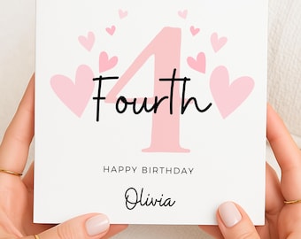 Carte de 4e anniversaire, carte de 4e anniversaire pour fille, carte de 4e anniversaire pour fille, carte de quatrième anniversaire, anniversaire de nièce, petite-fille