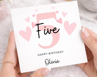 5th Birthday Card For Girl Personalised Name Card, Pink Heart Age 5 Birthday Card For Daughter Niece, Custom Five Birthday Card